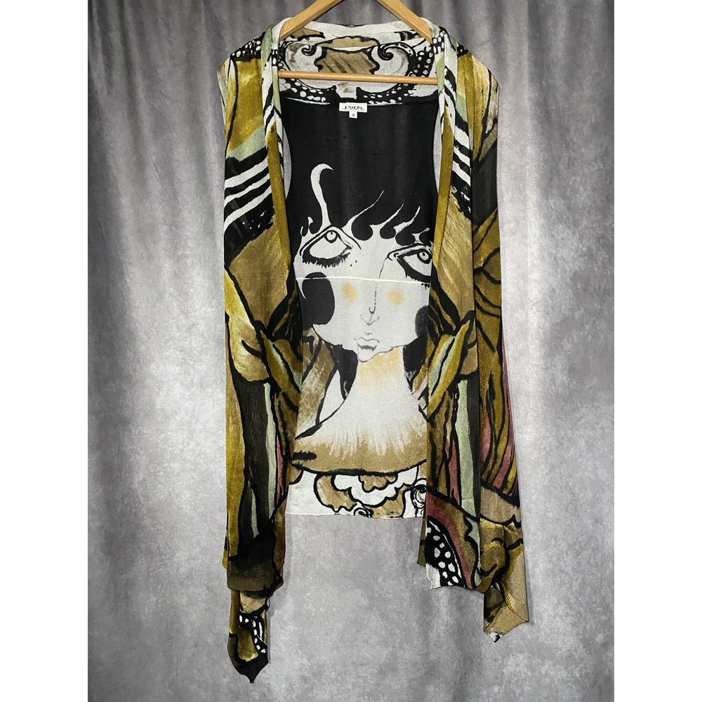 Art To Wear Abstract Woman Sleeveless Silky Duster Open Cardigan Sz Small